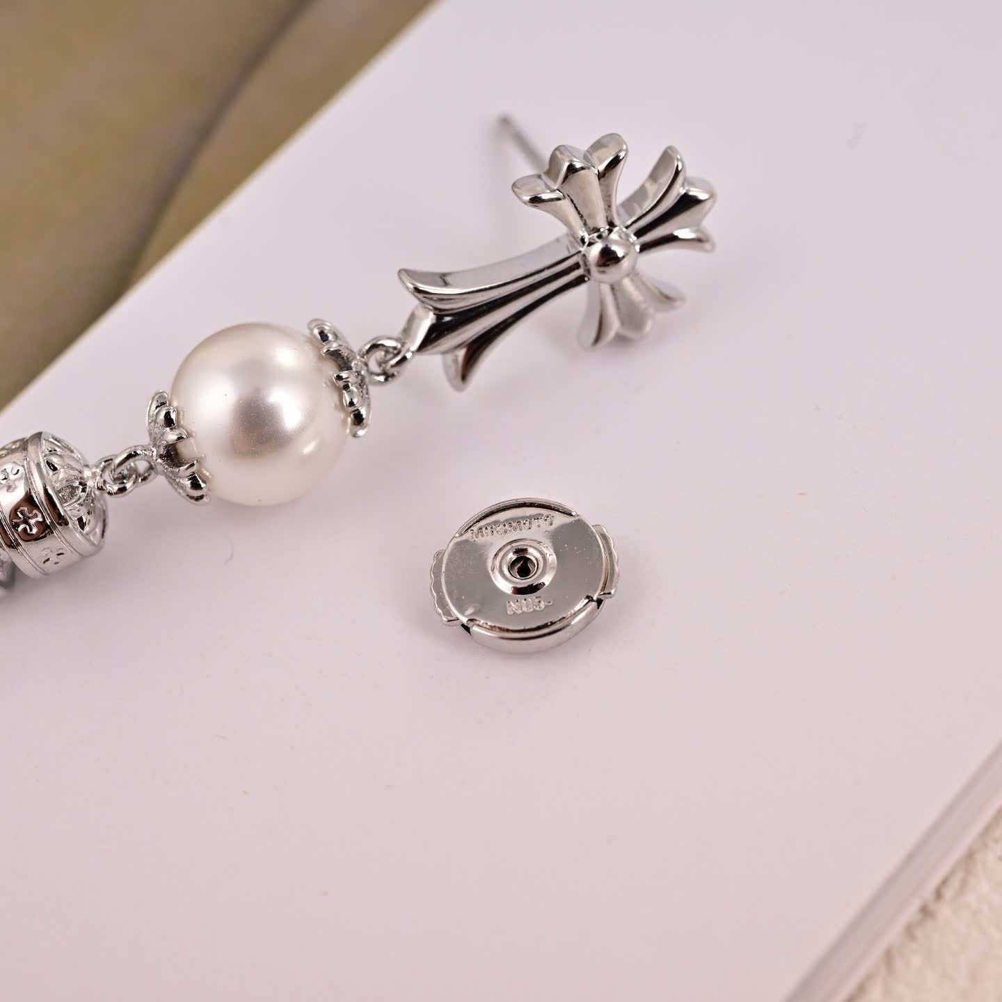 Chrome Hearts Silver Cross Pearl Drop Earrings